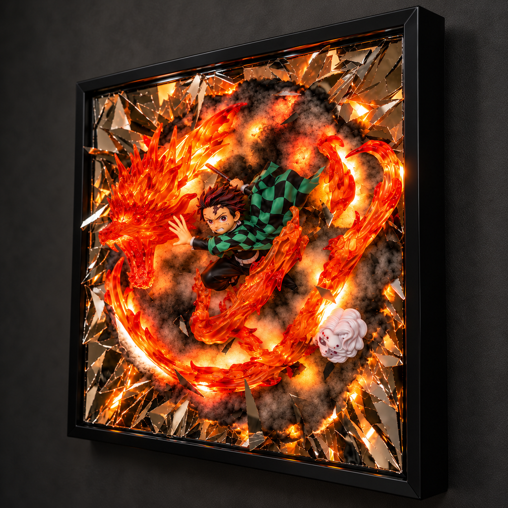 Tanjiro — Le Dragon du Halo Solaire | Tableau lumineux 3D
