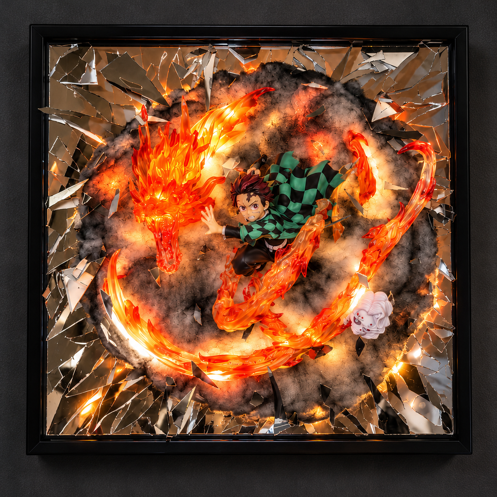 Tanjiro — Le Dragon du Halo Solaire | Tableau lumineux 3D
